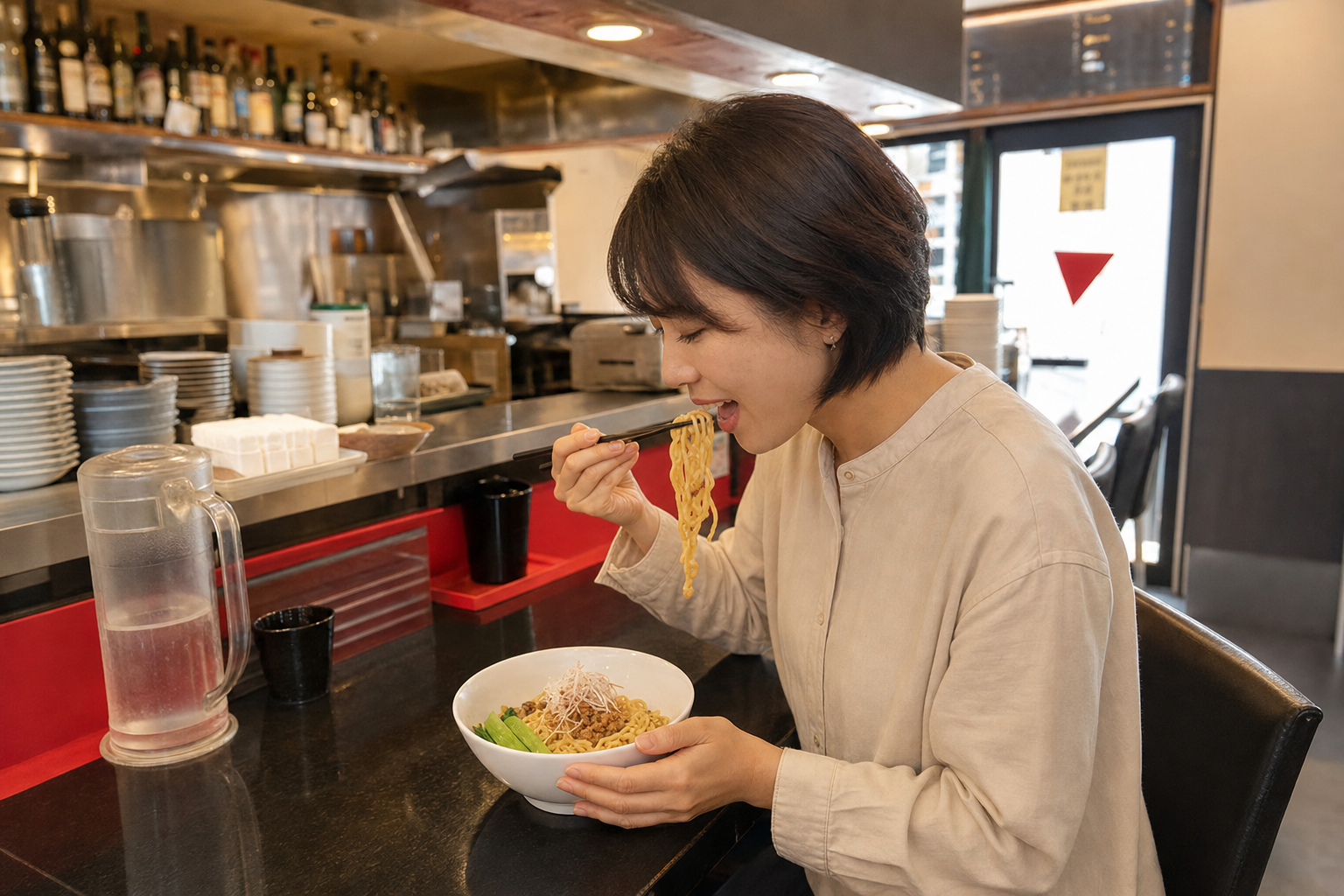 カウンターで赤たんたん汁なしを味わう様子